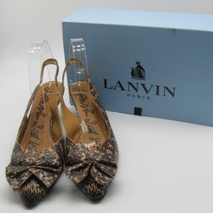 Lanvin Brown/Tan Snake Embossed Slingback Pointed Toe Heels w/ Bow Toe sz 39